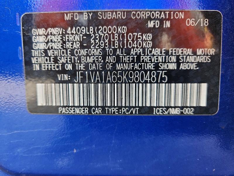65889016 :رقم المزاد ، JF1VA1A65K9804875 vin ، 2019 Subaru Wrx مزاد بيع