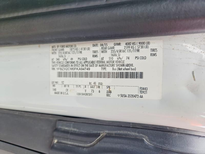 2015 Ford Transit მანქანა იყიდება აუქციონზე, vin: 1FBZX2CM0FKA94749, აუქციონის ნომერი: 65208556