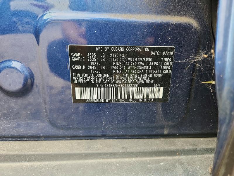 2019 Subaru Outback მანქანა იყიდება აუქციონზე, vin: 4S4BSANC3K3392786, აუქციონის ნომერი: 64247886