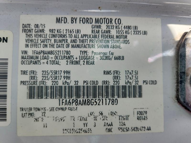 63695146 :رقم المزاد ، 1FA6P8AM8G5211780 vin ، 2016 Ford Mustang مزاد بيع