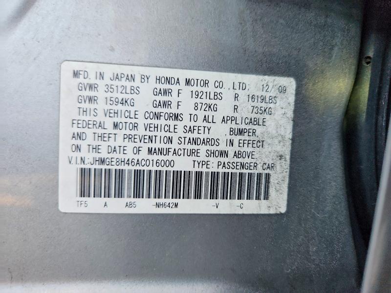 66206936 :رقم المزاد ، JHMGE8H46AC016000 vin ، 2010 Honda Fit مزاد بيع