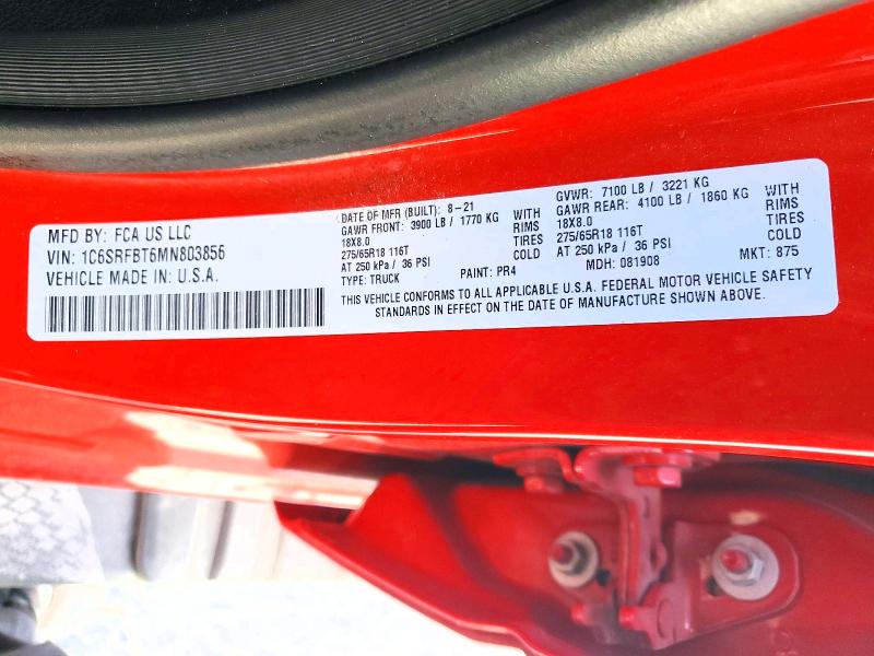 2021 Ram 1500 მანქანა იყიდება აუქციონზე, vin: 1C6SRFBT6MN803856, აუქციონის ნომერი: 66433396