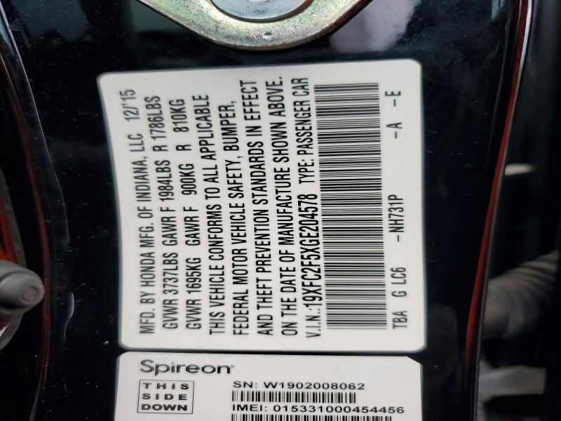 Auction sale of the 2016 Honda Civic, vin: 19XFC2F5XGE204578, lot number: 64113616