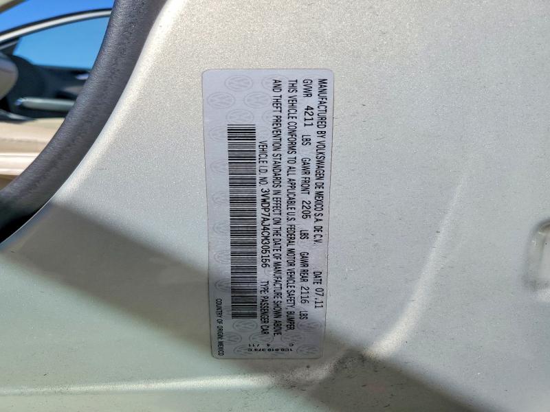 2012 Volkswagen Jetta მანქანა იყიდება აუქციონზე, vin: 3VWDP7AJ4CM305156, აუქციონის ნომერი: 65567426