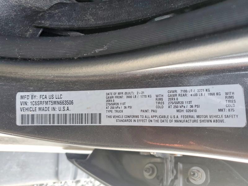 2021 Ram 1500 მანქანა იყიდება აუქციონზე, vin: 1C6SRFMT5MN663506, აუქციონის ნომერი: 61646896