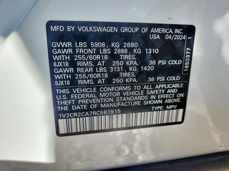 Продажа на аукционе авто 2024 Volkswagen Atlas, vin: 1V2CR2CA7RC581915, номер лота: 62780286