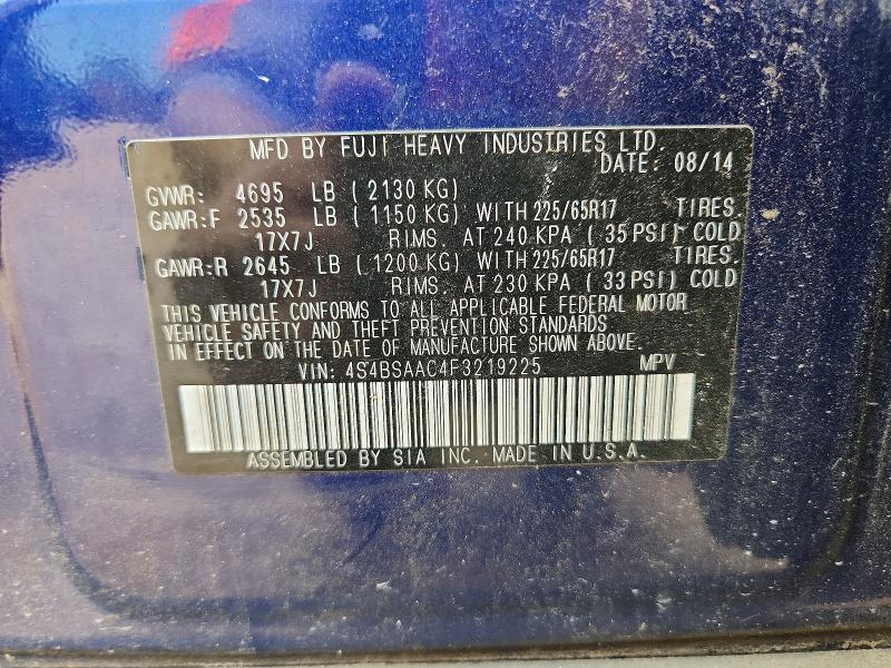 2015 Subaru Outback მანქანა იყიდება აუქციონზე, vin: 4S4BSAAC4F3219225, აუქციონის ნომერი: 64676586