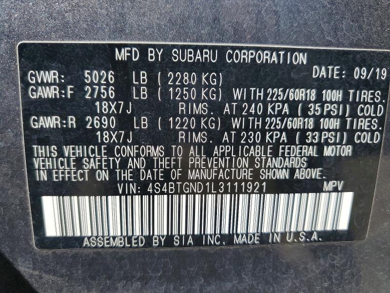 Aukcja sprzedaży 2020 Subaru Outback, vin: 4S4BTGND1L3111921, numer aukcji: 65566116