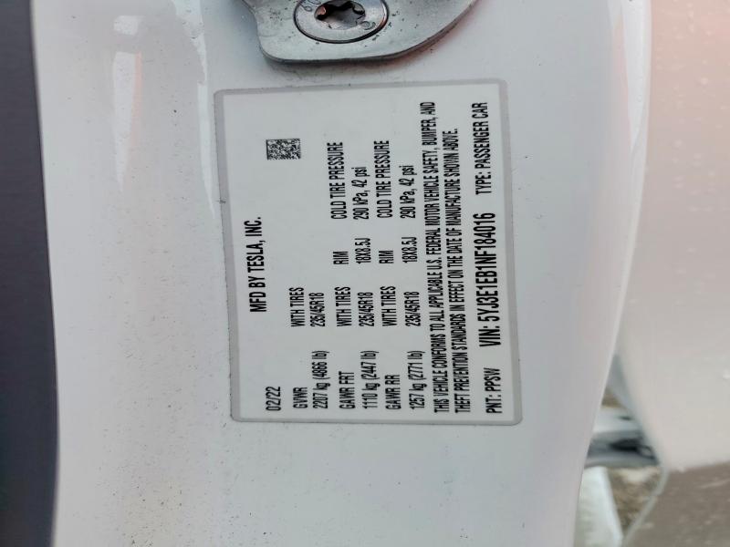 65259236 :رقم المزاد ، 5YJ3E1EB1NF184016 vin ، 2022 Tesla Model 3 مزاد بيع