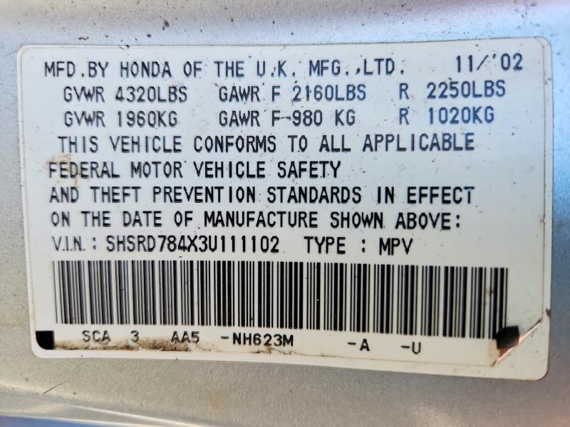 Auction sale of the 2003 Honda Cr-v, vin: SHSRD784X3U111102, lot number: 64027366