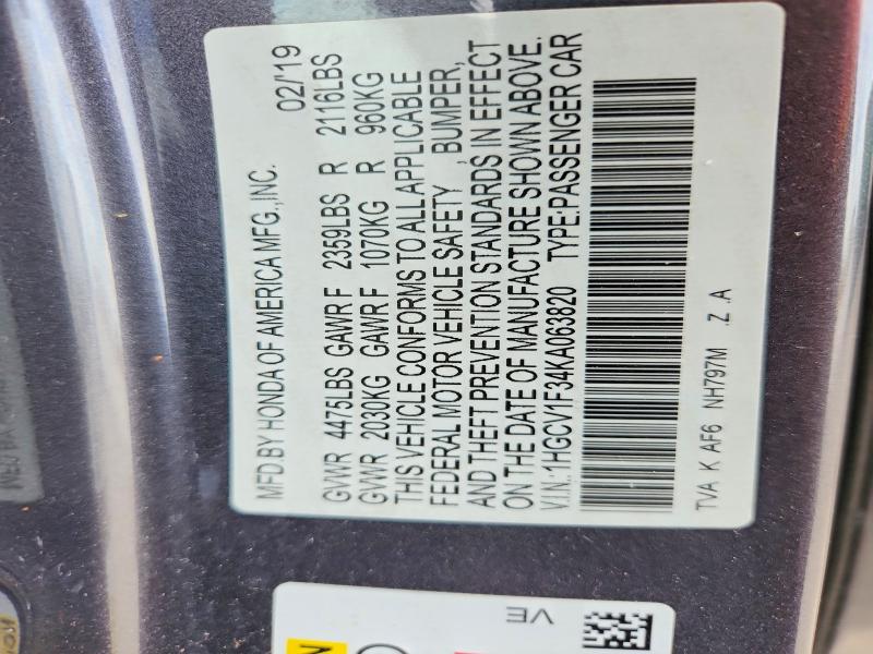 66473266 :رقم المزاد ، 1HGCV1F34KA063820 vin ، 2019 Honda Accord مزاد بيع