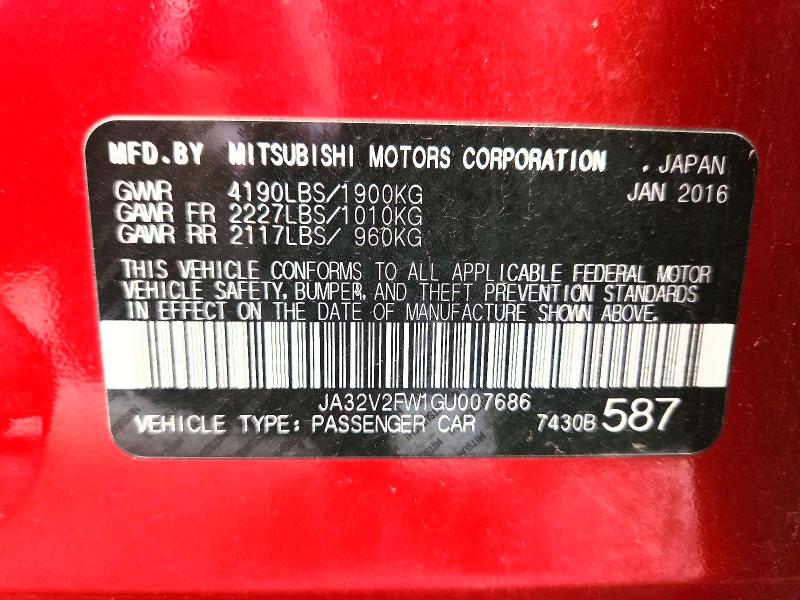 64854566 :رقم المزاد ، JA32V2FW1GU007686 vin ، 2016 Mitsubishi Lancer مزاد بيع