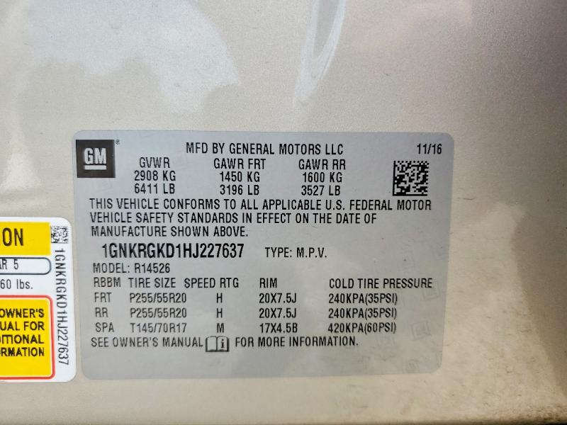 2017 Chevrolet Traverse მანქანა იყიდება აუქციონზე, vin: 1GNKRGKD1HJ227637, აუქციონის ნომერი: 64097056