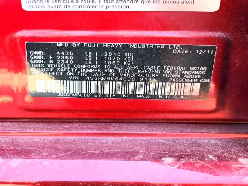 2012 Subaru Legacy მანქანა იყიდება აუქციონზე, vin: 4S3BMBK64C3019146, აუქციონის ნომერი: 65002346