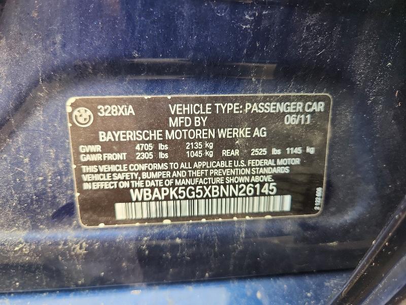 63949596 :رقم المزاد ، WBAPK5G5XBNN26145 vin ، 2011 Bmw 328 مزاد بيع
