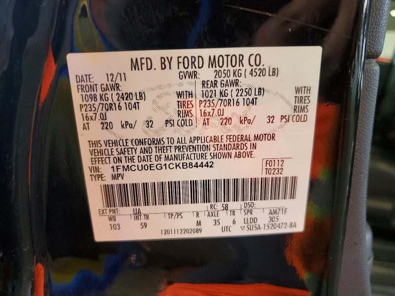 2012 Ford Escape მანქანა იყიდება აუქციონზე, vin: 1FMCU0EG1CKB84442, აუქციონის ნომერი: 64368876