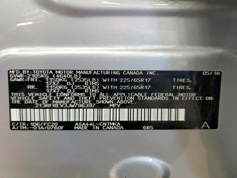 63696706 :رقم المزاد ، 2T3RFREV3JW796397 vin ، 2018 Toyota Rav4 مزاد بيع