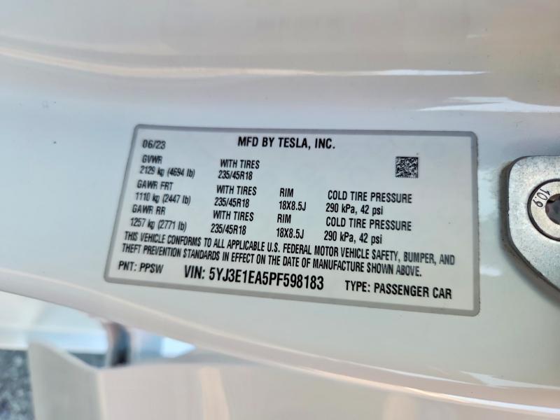 Aukcja sprzedaży 2023 Tesla Model 3, vin: 5YJ3E1EA5PF598183, numer aukcji: 65658296