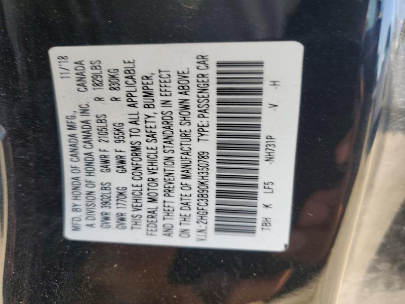 2019 Honda Civic მანქანა იყიდება აუქციონზე, vin: 2HGFC3B90KH350789, აუქციონის ნომერი: 66400796
