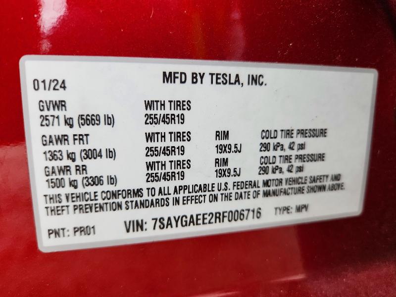 Продаж на аукціоні авто 2024 Tesla Model Y, vin: 7SAYGAEE2RF006716, номер лоту: 66235786