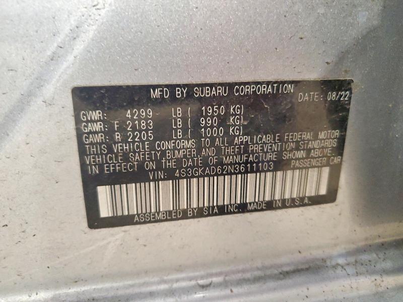 2022 Subaru Impreza მანქანა იყიდება აუქციონზე, vin: 4S3GKAD62N3611103, აუქციონის ნომერი: 63833196
