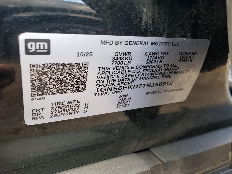 2026 Chevrolet Suburban მანქანა იყიდება აუქციონზე, vin: 1GNS6EKD7TR150912, აუქციონის ნომერი: 64160256