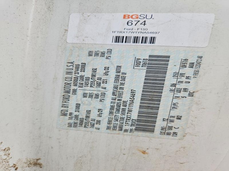 2000 Ford F150 მანქანა იყიდება აუქციონზე, vin: 1FTRX17W1YNA54697, აუქციონის ნომერი: 65260556