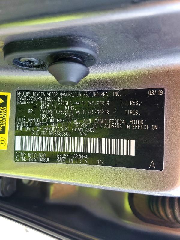 Aukcja sprzedaży 2019 Toyota Highlander, vin: 5TDJZRFH9KS588508, numer aukcji: 66656506