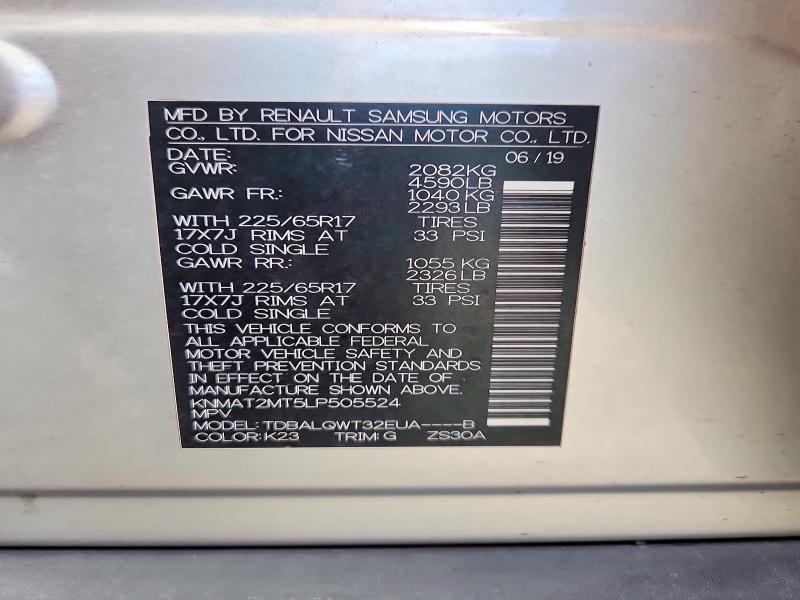 66354626 :رقم المزاد ، KNMAT2MT5LP505524 vin ، 2020 Nissan Rogue مزاد بيع