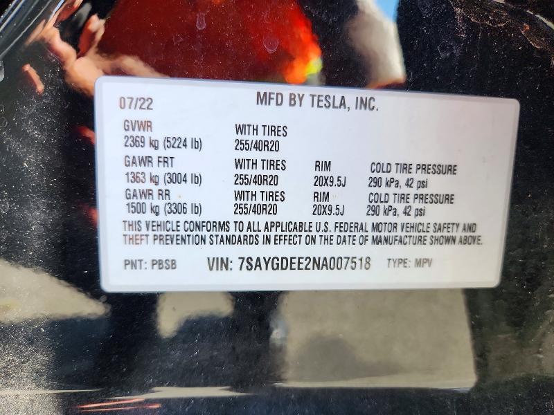 2022 Tesla Model Y მანქანა იყიდება აუქციონზე, vin: 7SAYGDEE2NA007518, აუქციონის ნომერი: 63572326