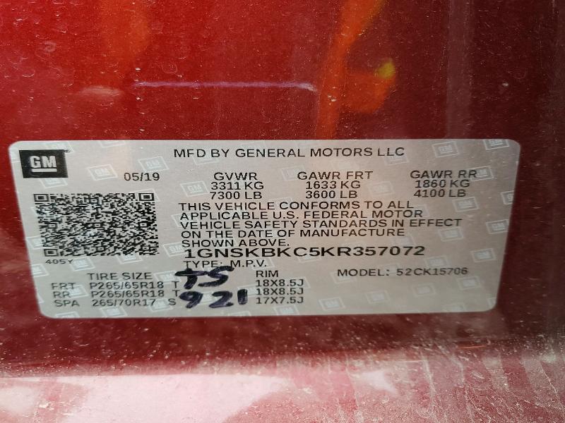 2019 Chevrolet Tahoe მანქანა იყიდება აუქციონზე, vin: 1GNSKBKC5KR357072, აუქციონის ნომერი: 66283196