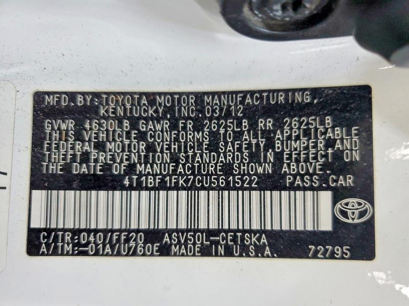 Продажа на аукционе авто 2012 Toyota Camry, vin: 4T1BF1FK7CU561522, номер лота: 64984346