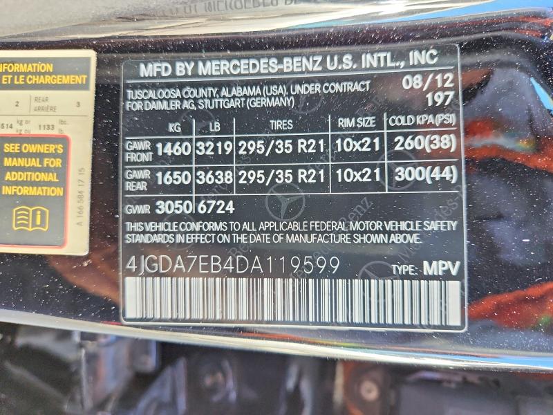 2013 Mercedes-benz Ml მანქანა იყიდება აუქციონზე, vin: 4JGDA7EB4DA119599, აუქციონის ნომერი: 65678816