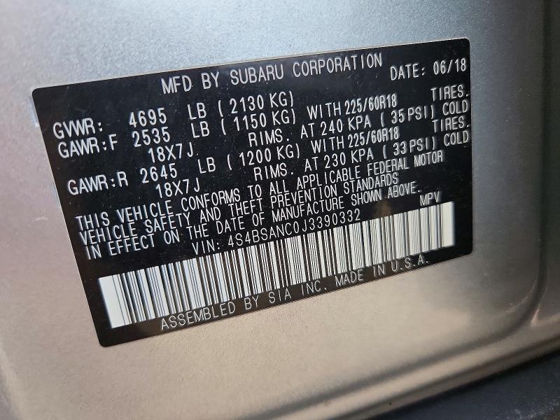 Продаж на аукціоні авто 2018 Subaru Outback, vin: 4S4BSANC0J3390332, номер лоту: 66196156
