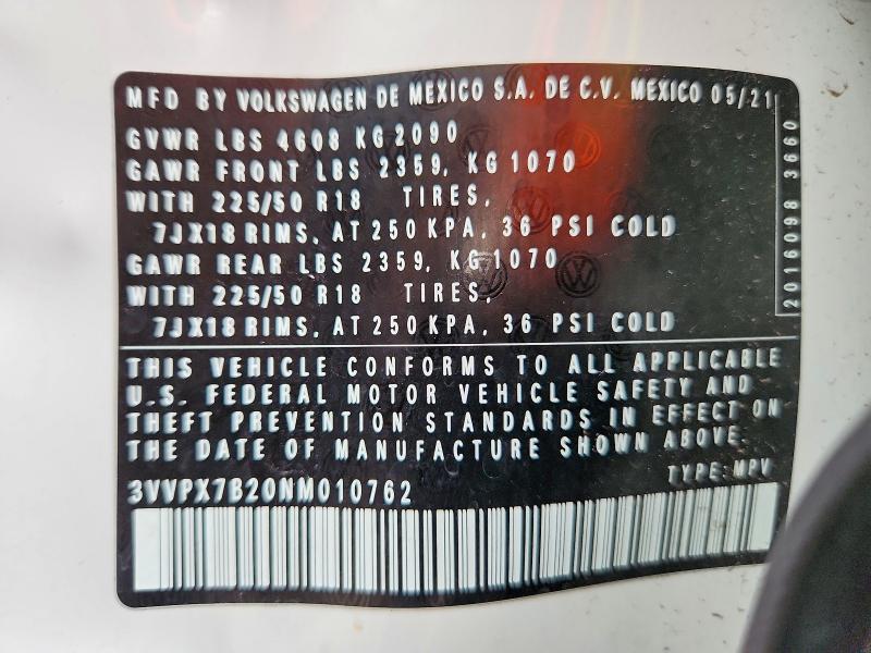 65275996 :رقم المزاد ، 3VVPX7B20NM010762 vin ، 2022 Volkswagen Taos مزاد بيع