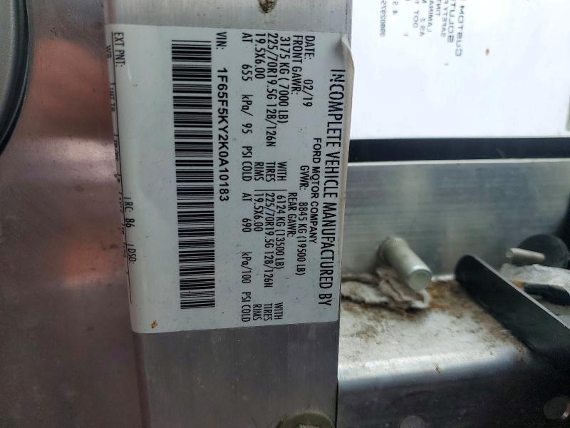62287476 :رقم المزاد ، 1F65F5KY2K0A10183 vin ، 2019 Ford F59 مزاد بيع