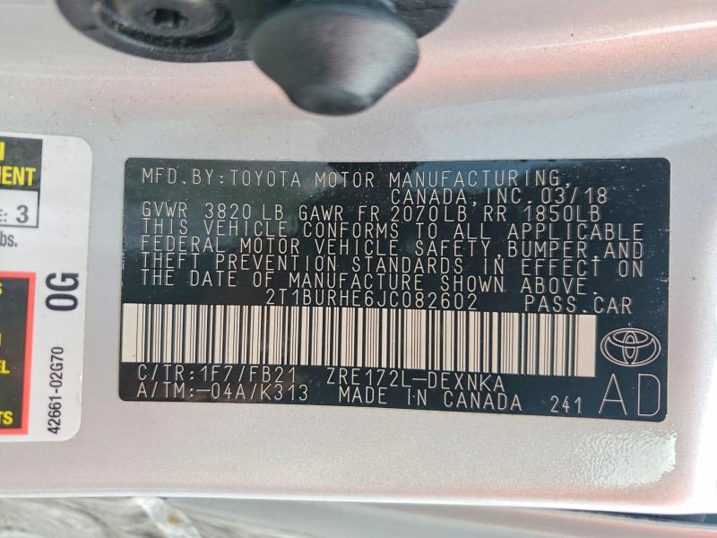 Продаж на аукціоні авто 2018 Toyota Corolla, vin: 2T1BURHE6JC082602, номер лоту: 65097386