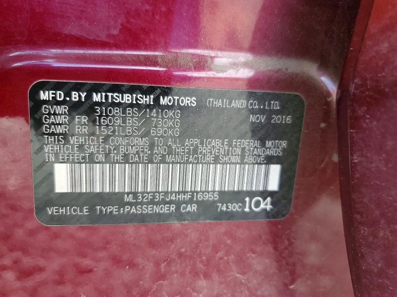 2017 Mitsubishi Mirage მანქანა იყიდება აუქციონზე, vin: ML32F3FJ4HHF16955, აუქციონის ნომერი: 65135866
