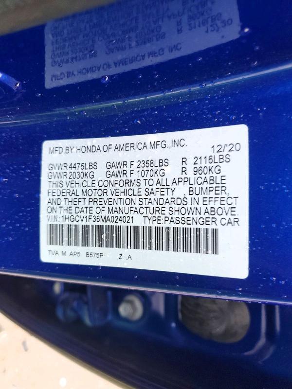 Продажа на аукционе авто 2021 Honda Accord, vin: 1HGCV1F36MA024021, номер лота: 63279596