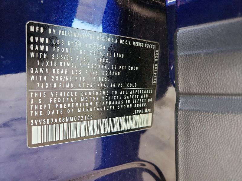 Aukcja sprzedaży 2022 Volkswagen Tiguan, vin: 3VV3B7AX8NM072159, numer aukcji: 66524996