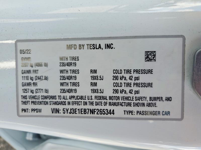 Продаж на аукціоні авто 2022 Tesla Model 3, vin: 5YJ3E1EB7NF265344, номер лоту: 65354686
