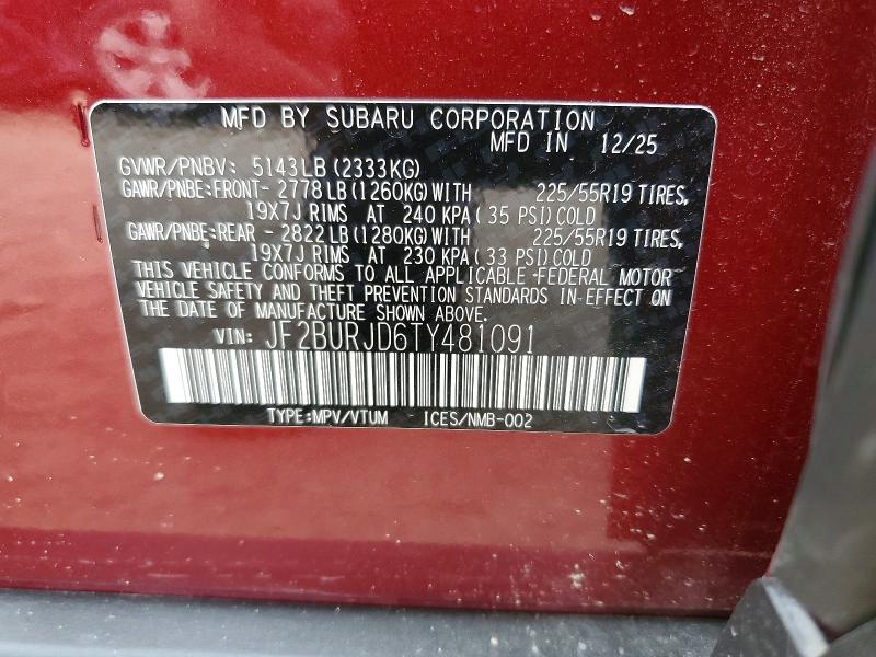 Aukcja sprzedaży 2026 Subaru Outback, vin: JF2BURJD6TY481091, numer aukcji: 64480376