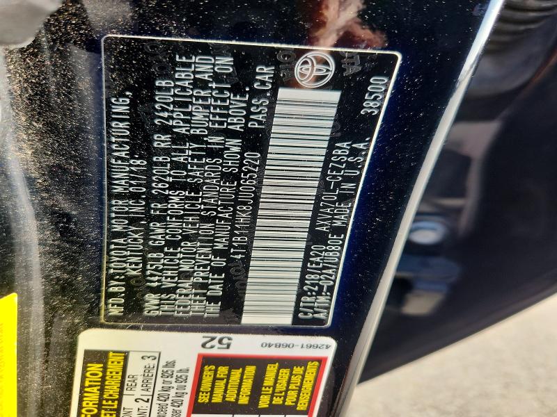 Auction sale of the 2018 Toyota Camry, vin: 4T1B11HK8JU065220, lot number: 63653606
