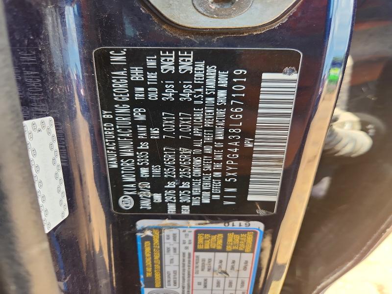 Auction sale of the 2020 Kia Sorento, vin: 5XYPG4A38LG671019, lot number: 63573516