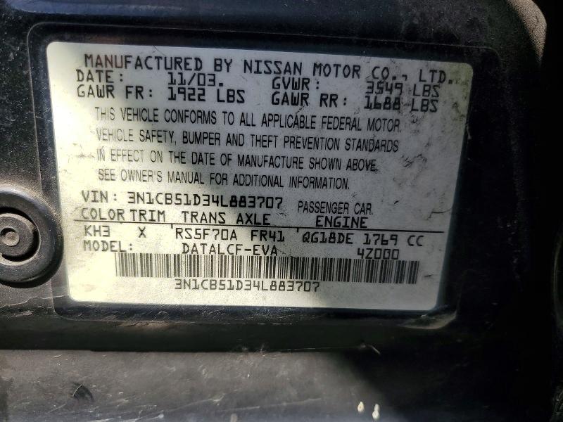 2004 Nissan Sentra მანქანა იყიდება აუქციონზე, vin: 3N1CB51D34L883707, აუქციონის ნომერი: 64316396