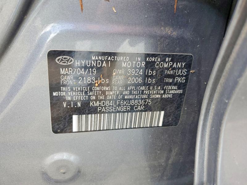 2019 Hyundai Elantra მანქანა იყიდება აუქციონზე, vin: KMHD84LF6KU883675, აუქციონის ნომერი: 64422666