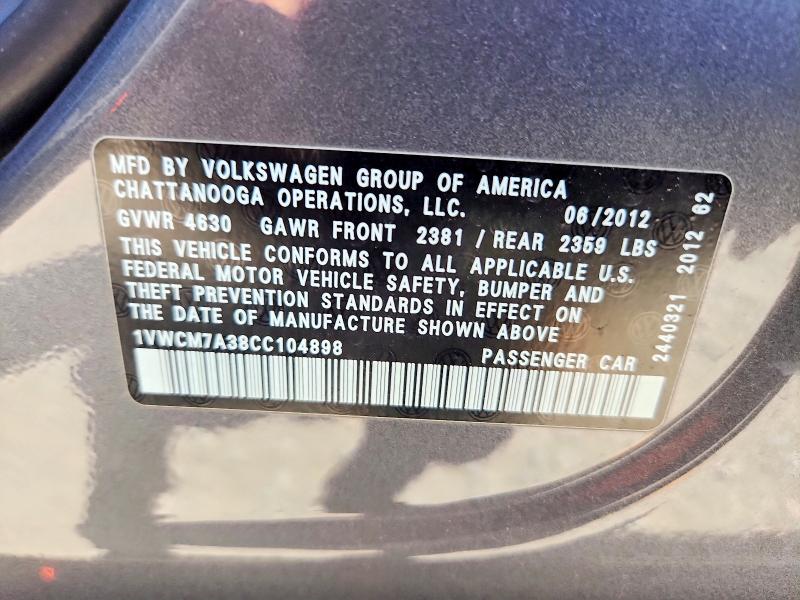 2012 Volkswagen Passat მანქანა იყიდება აუქციონზე, vin: 1VWCM7A38CC104898, აუქციონის ნომერი: 66774146