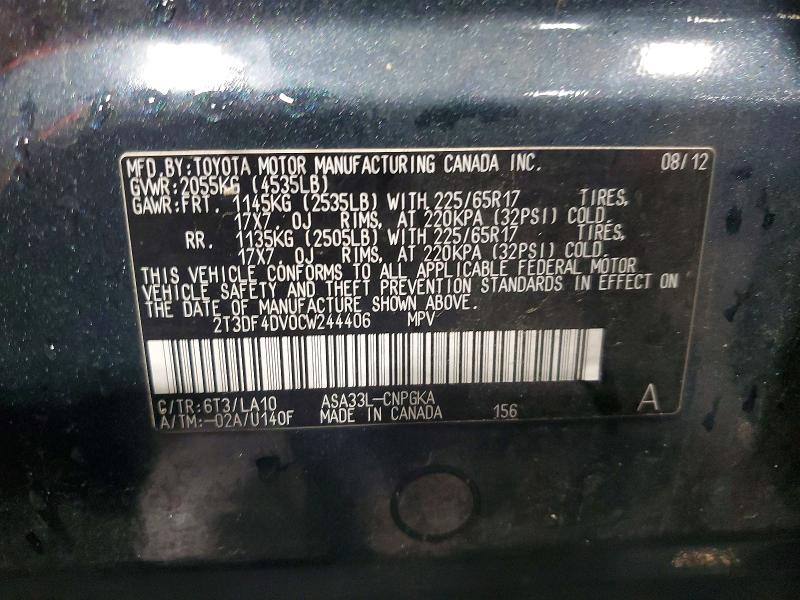 Aukcja sprzedaży 2012 Toyota Rav4, vin: 2T3DF4DV0CW244406, numer aukcji: 66269706