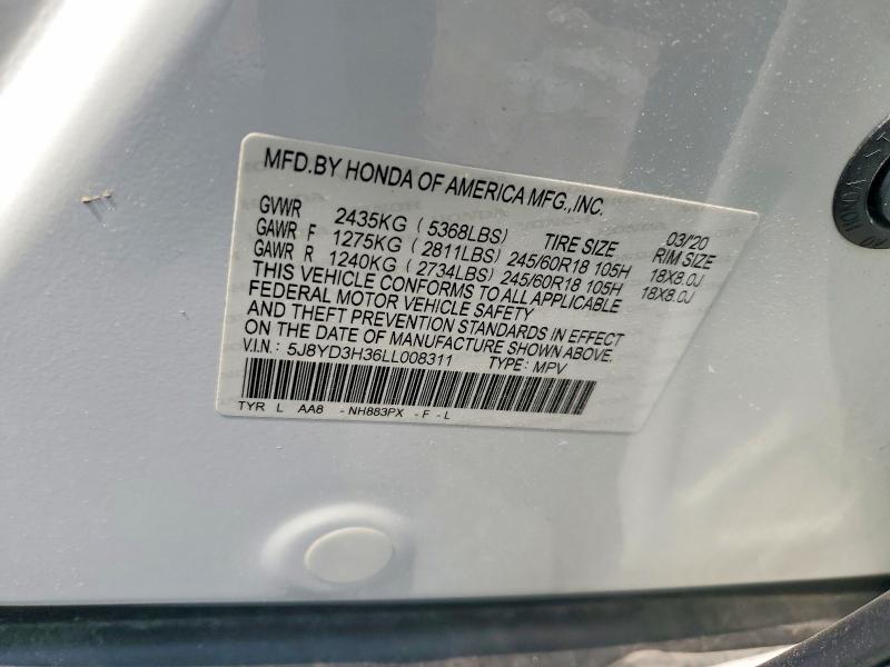 2020 Acura Mdx მანქანა იყიდება აუქციონზე, vin: 5J8YD3H36LL008311, აუქციონის ნომერი: 58926646