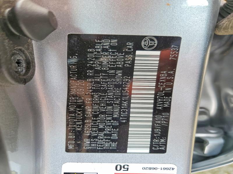 2020 Toyota Camry მანქანა იყიდება აუქციონზე, vin: 4T1C31AK1LU542792, აუქციონის ნომერი: 64430526